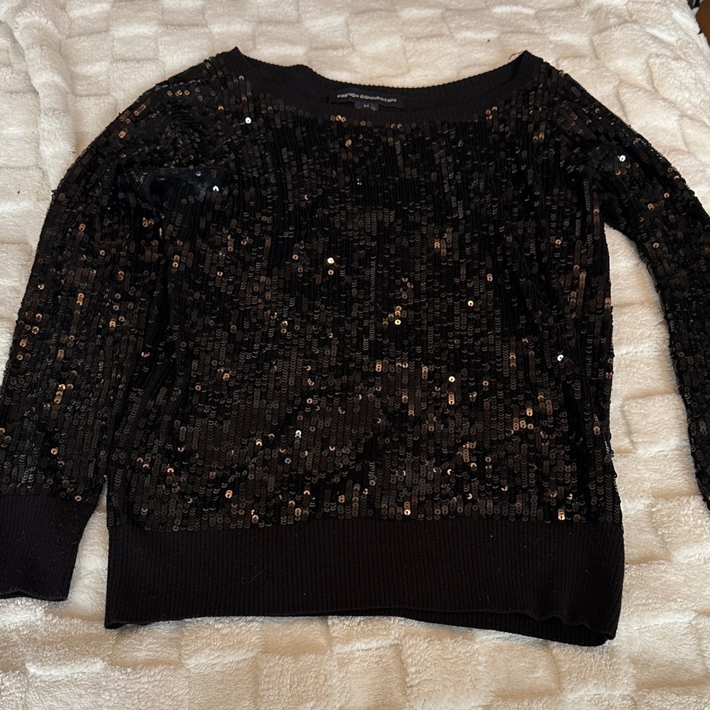 G—French Connection Black Sequin Crew Neck Sweater